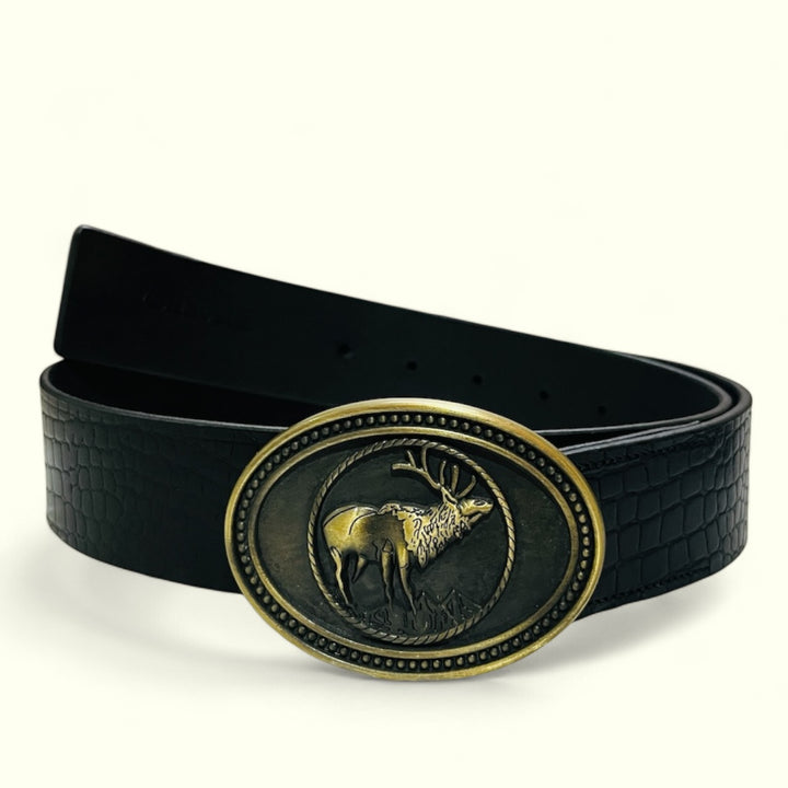 The Wild black buck Buckle Belt: Glossy luxe Croc pattern.