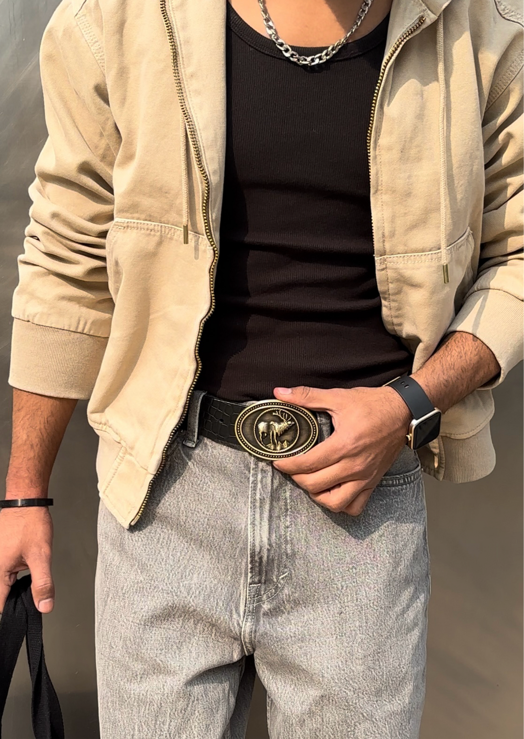 The Wild black buck Buckle Belt: Glossy luxe Croc pattern.