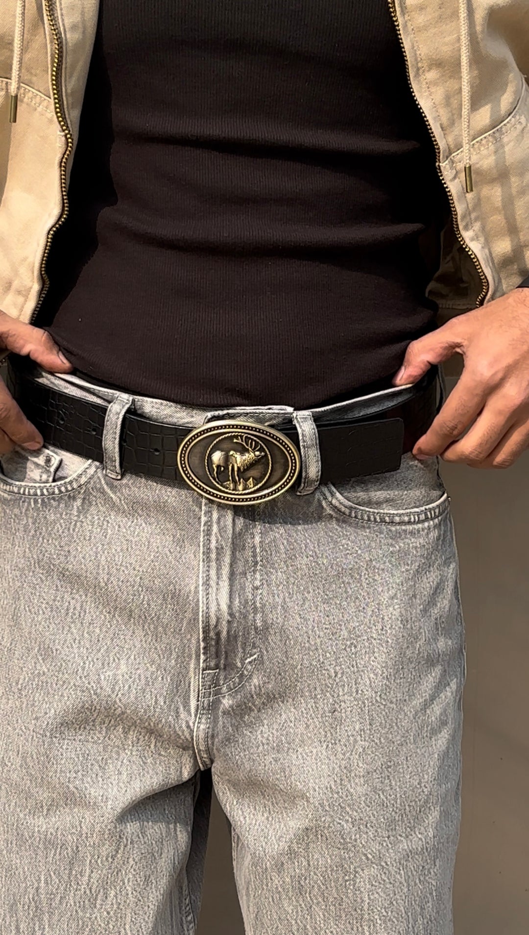 The Wild black buck Buckle Belt: Glossy luxe Croc pattern.