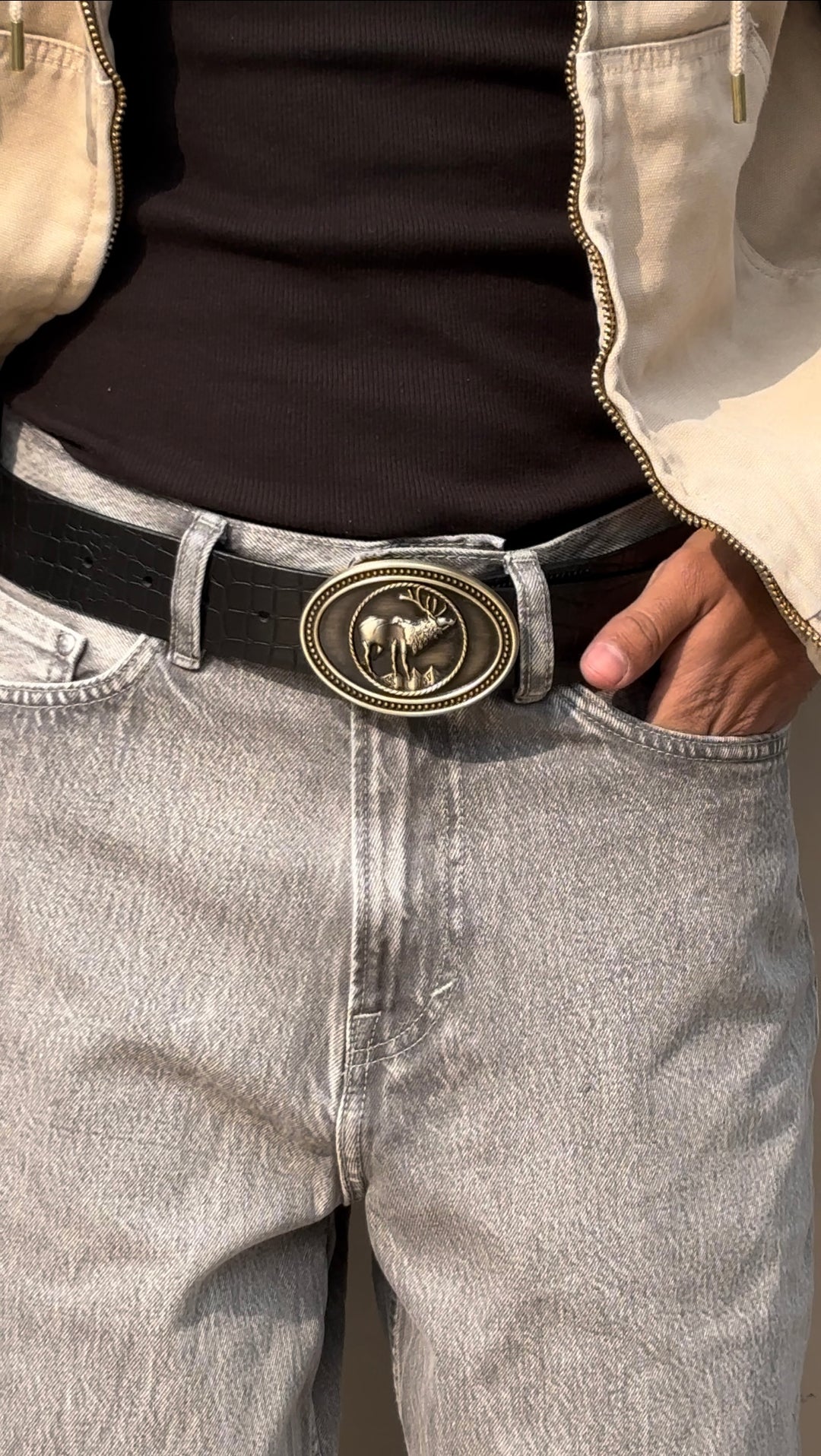 The Wild black buck Buckle Belt: Glossy luxe Croc pattern.