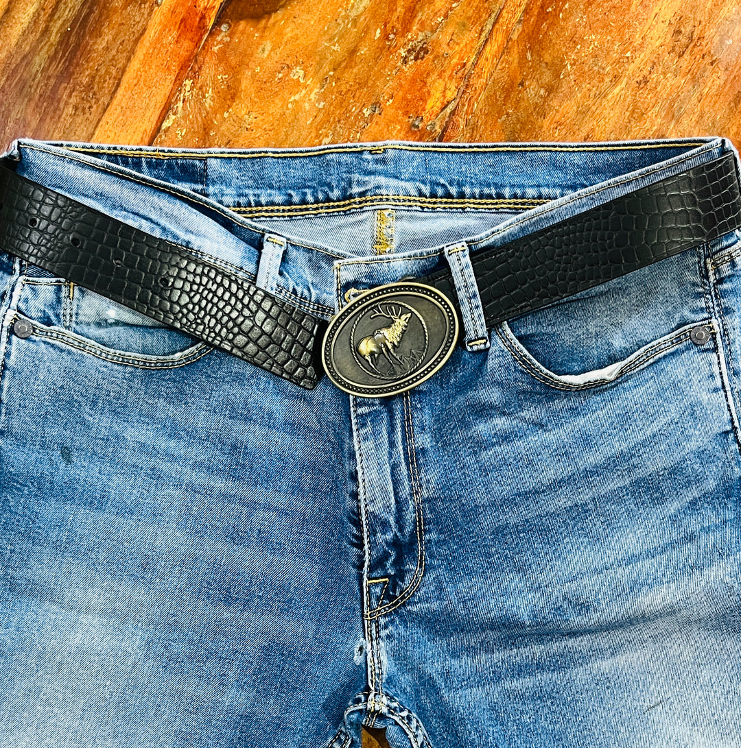 The Wild black buck Buckle Belt: Glossy luxe Croc pattern.
