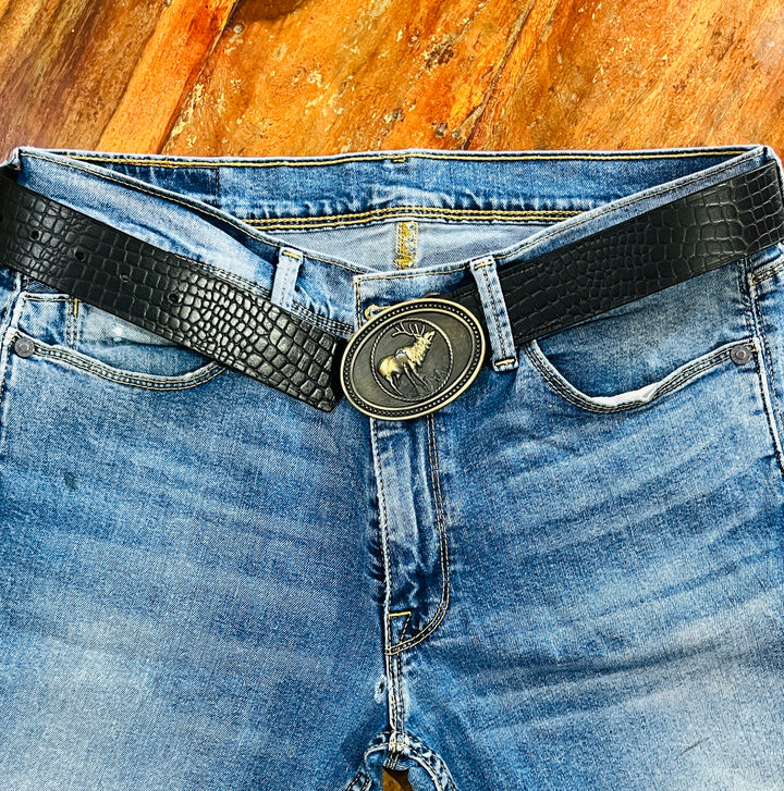 The Wild black buck Buckle Belt: Glossy luxe Croc pattern.