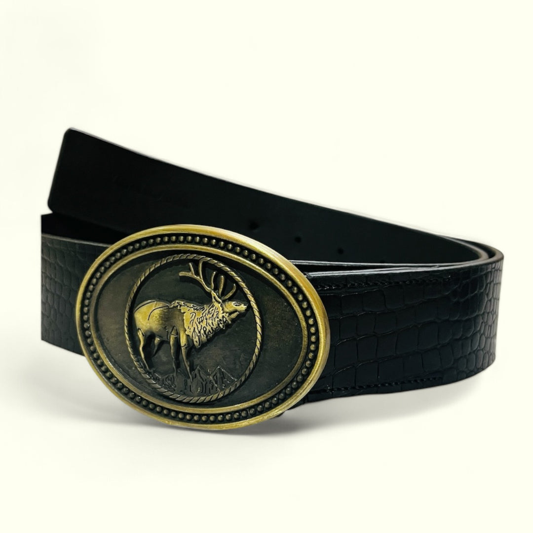 The Wild black buck Buckle Belt: Glossy luxe Croc pattern.