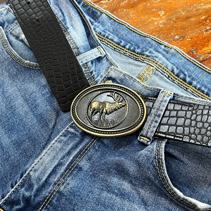 The Wild black buck Buckle Belt: Glossy luxe Croc pattern.