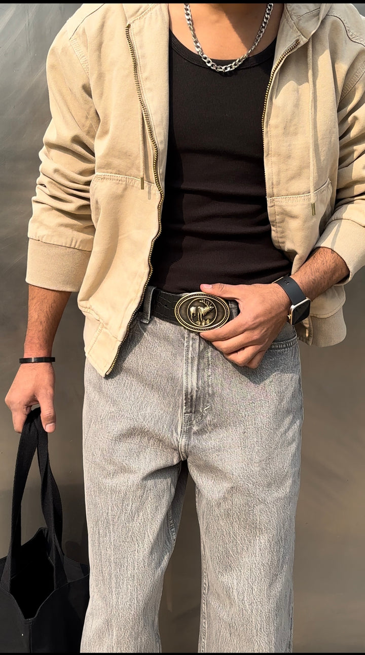 The Wild black buck Buckle Belt: Glossy luxe Croc pattern.