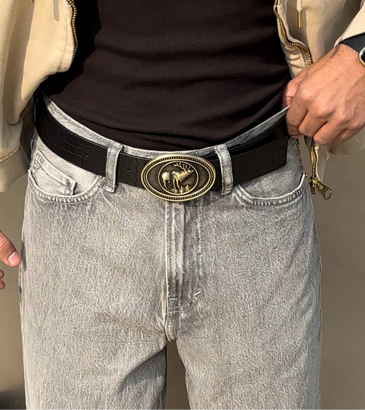 The Wild black buck Buckle Belt: Glossy luxe Croc pattern.