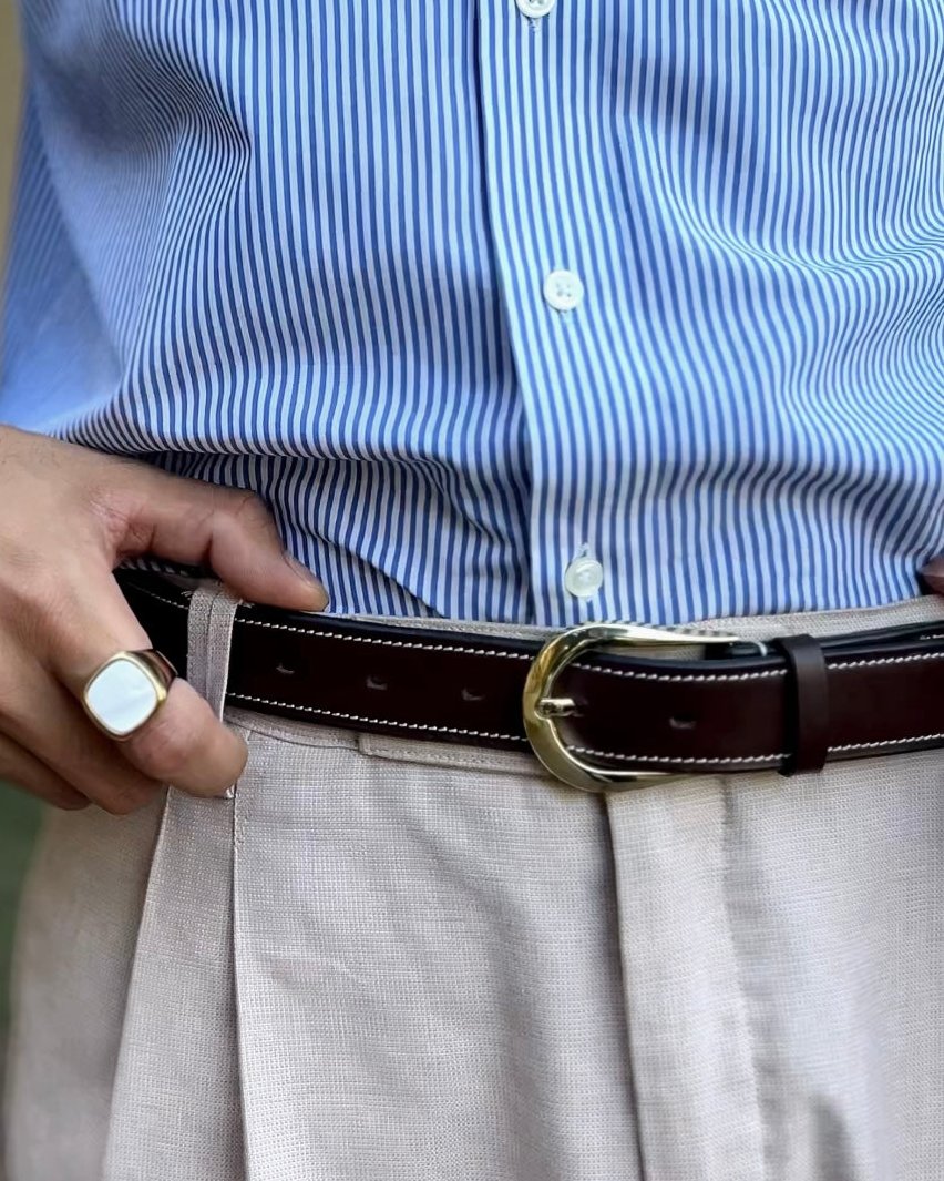 Raised Fancy Stitched Genuine Leather Belt in Reddish Brown In