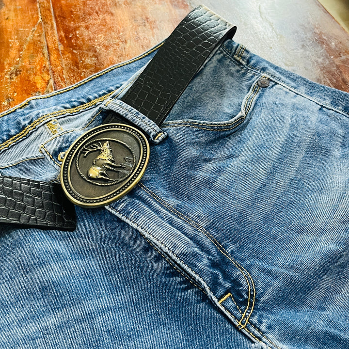 The Wild black buck Buckle Belt: Glossy luxe Croc pattern.