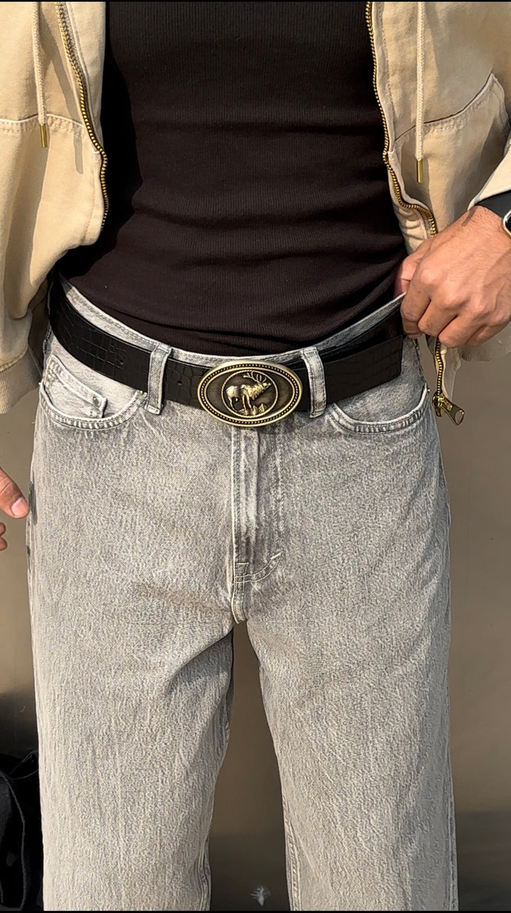 The Wild black buck Buckle Belt: Glossy luxe Croc pattern.