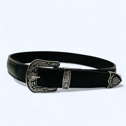 Raised Leather Belt With Western Buckle Set 1.5