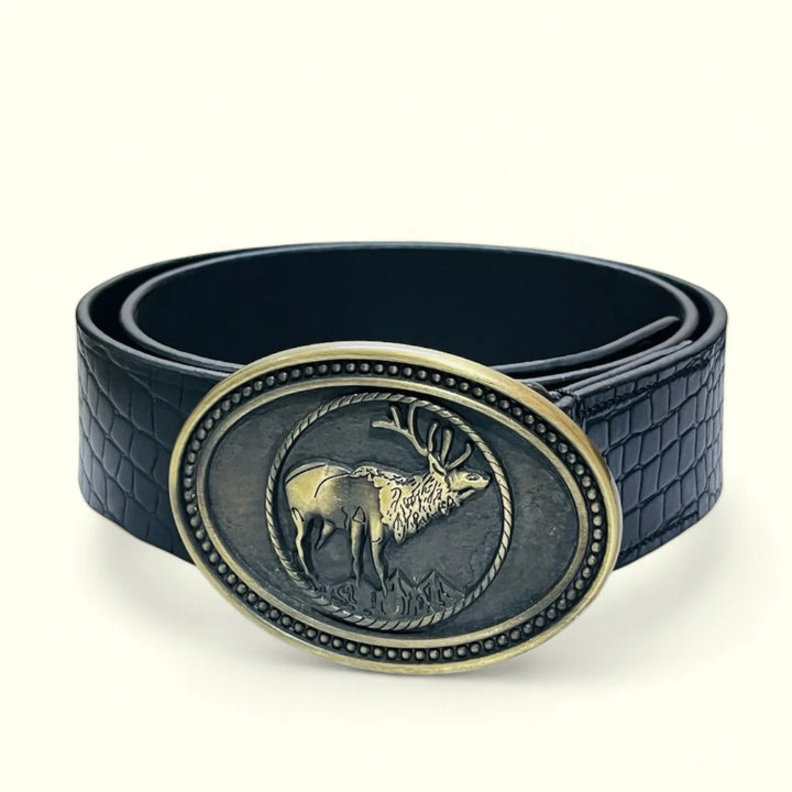 The Wild black buck Buckle Belt: Glossy luxe Croc pattern.