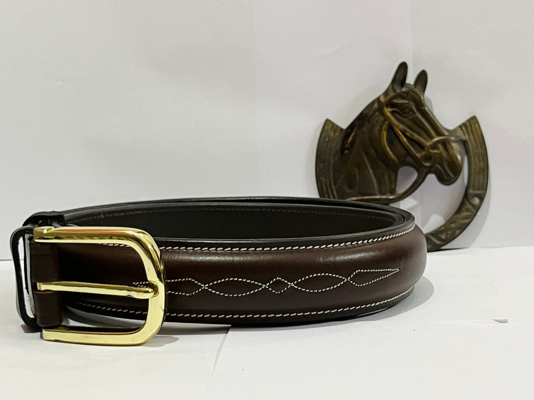 Raised Fancy Stitched Belt With Horse  Show Designed Golden Buckle