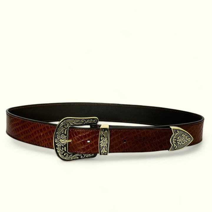 Flat Snake Textured Belt With Golden  Finished Western Buckle 1.5