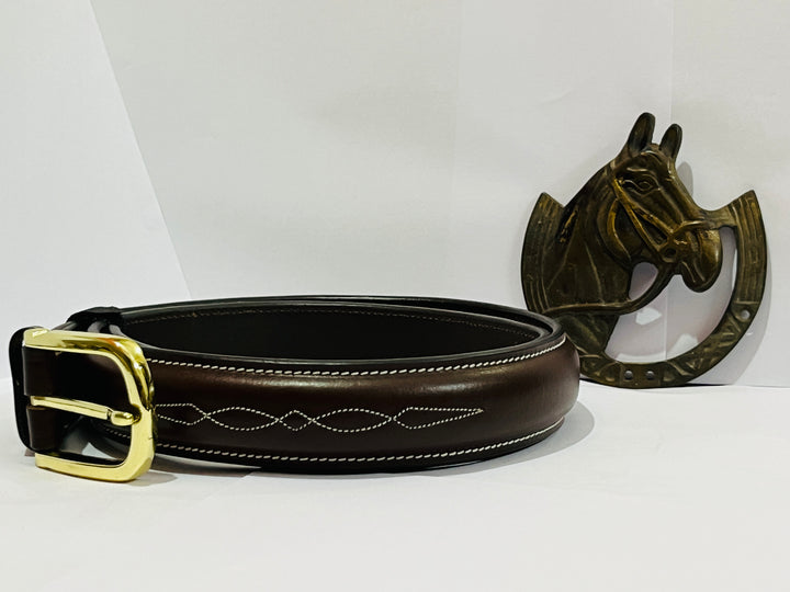 Raised Fancy Stitched Belt With Horse  Show Designed Golden Buckle
