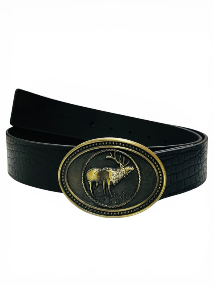 The Wild black buck Buckle Belt: Glossy luxe Croc pattern.