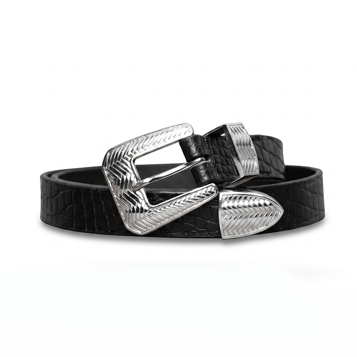 Korean Minimalistic Sleek Western belt- Black crocodile textured leather