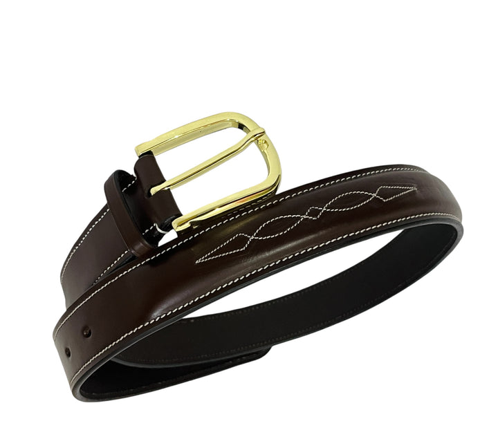 Raised Fancy Stitched Belt With Horse  Show Designed Golden Buckle