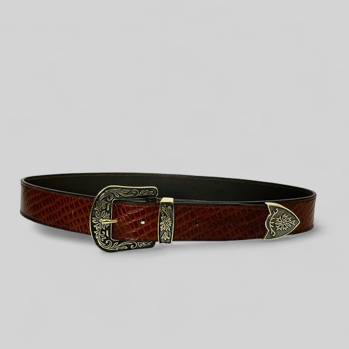 Flat Snake Textured Belt With Golden  Finished Western Buckle 1.5