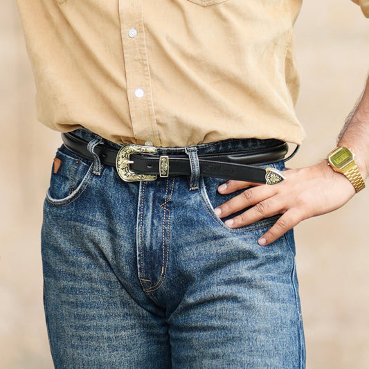 Raised Leather Belt With Western Buckle Set 1