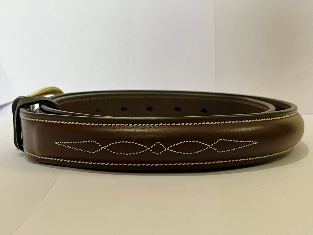 Raised Fancy Stitched Genuine Leather Belt in Reddish Brown In