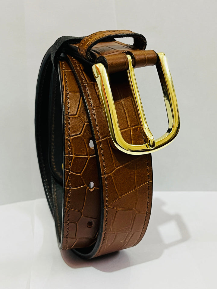 Snake Shaded Flat Leather Belt with golden buckle In 32 Mm