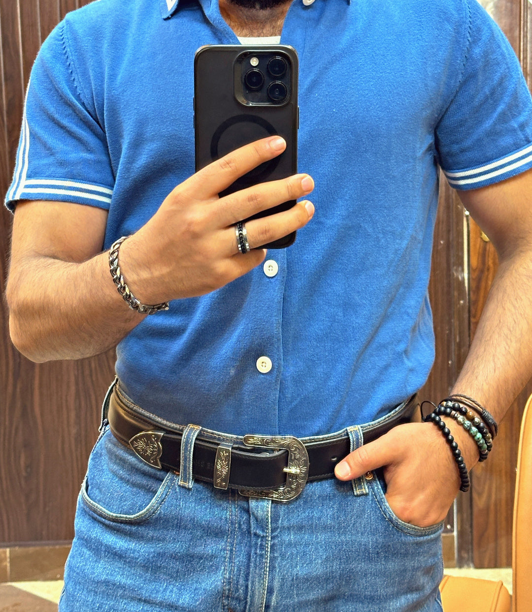 Raised Leather Belt With Western Buckle Set 1.5