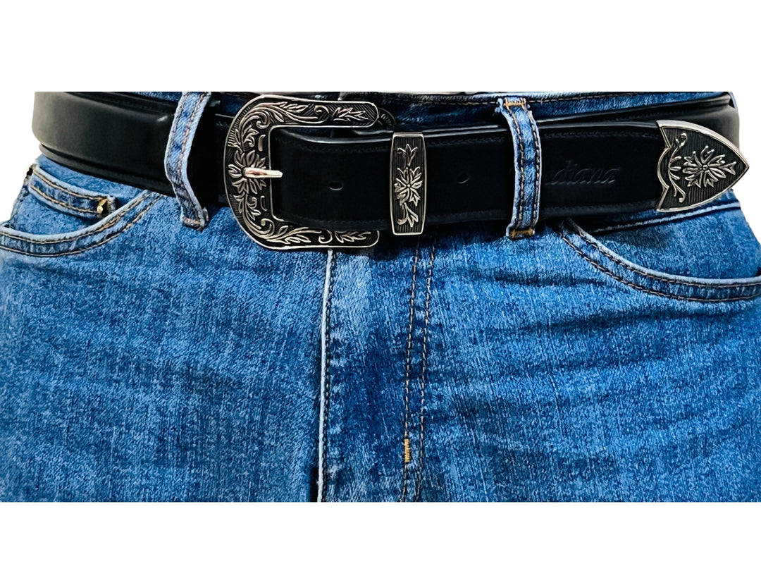 Raised Leather Belt With Western Buckle Set 1.5